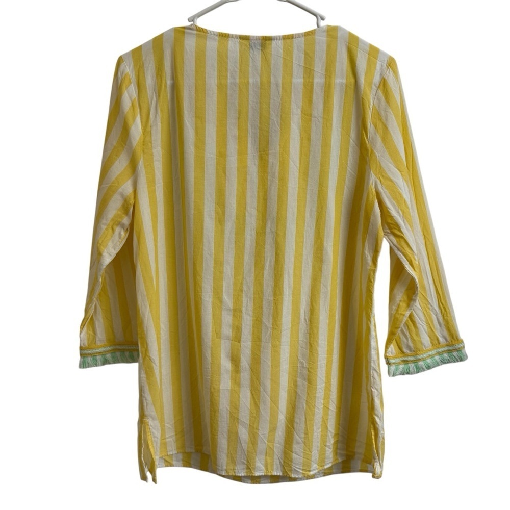 Crown & Ivy Womens Sz S Yellow White Striped Mint Fringe Beaded Tunic Top Blouse - Picture 2 of 8